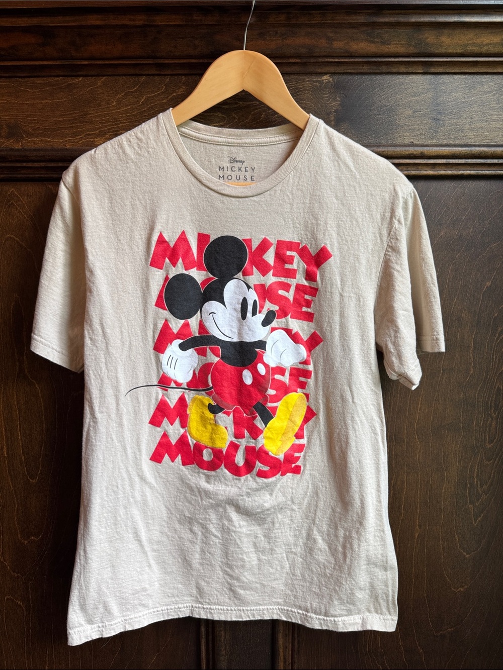 Disney Mickey Mouse Adult Graphic Tee in Cream with Red & Yellow Print